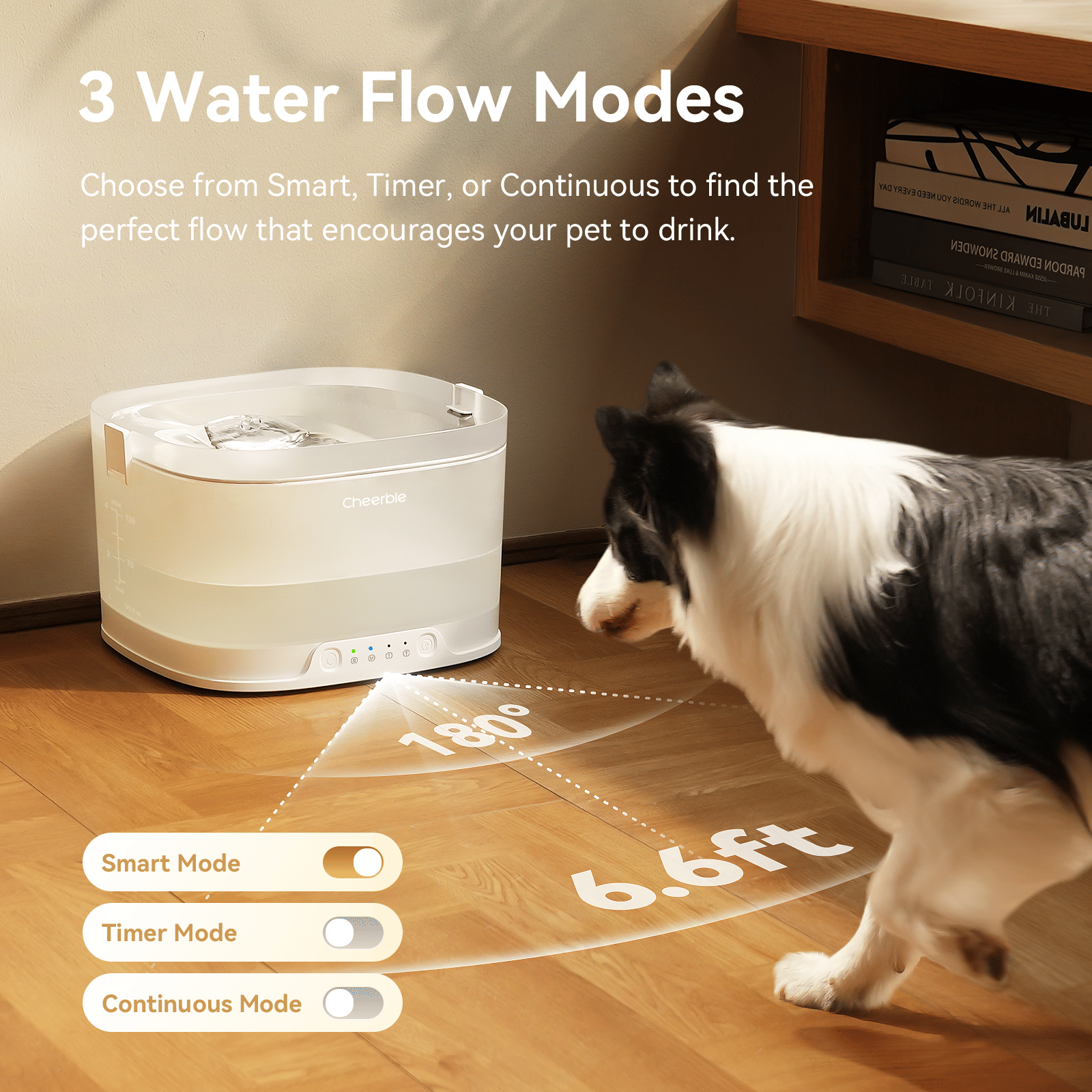 Elfin D1 Pro fountain placed on a floor without cables, showing wireless battery placement