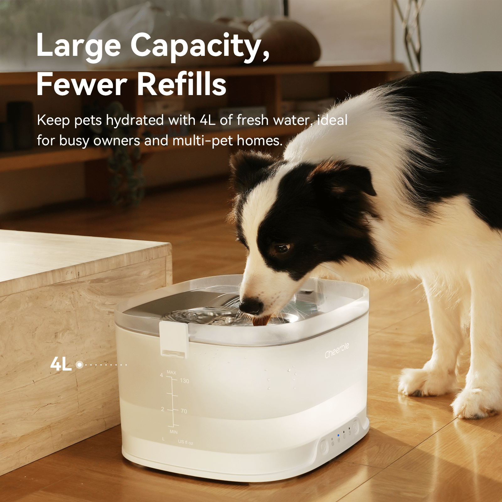 Dog drinking from the Elfin D1 Pro wireless water fountain at home
