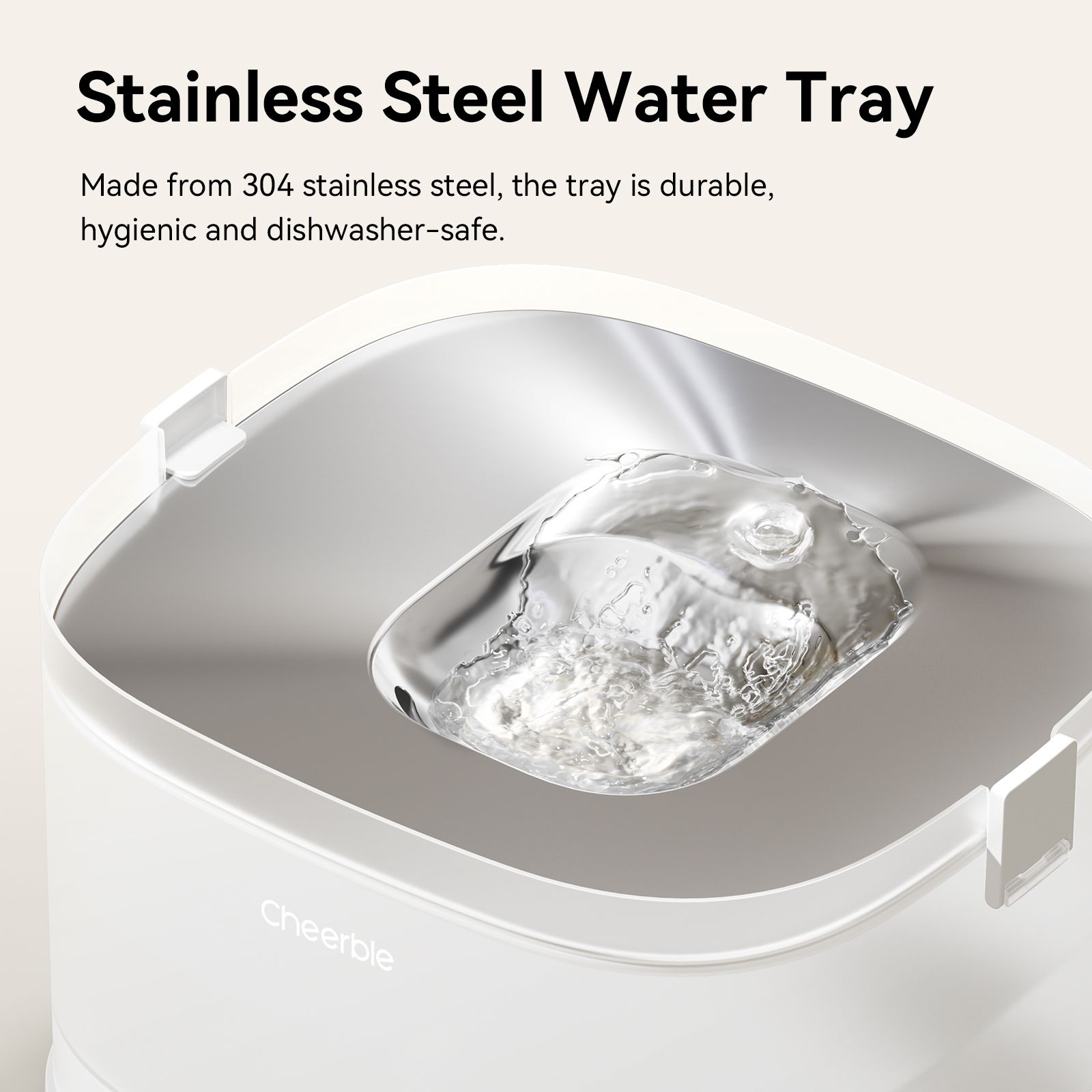 Top view of the removable stainless-steel drinking tray of the Elfin D1 Pro